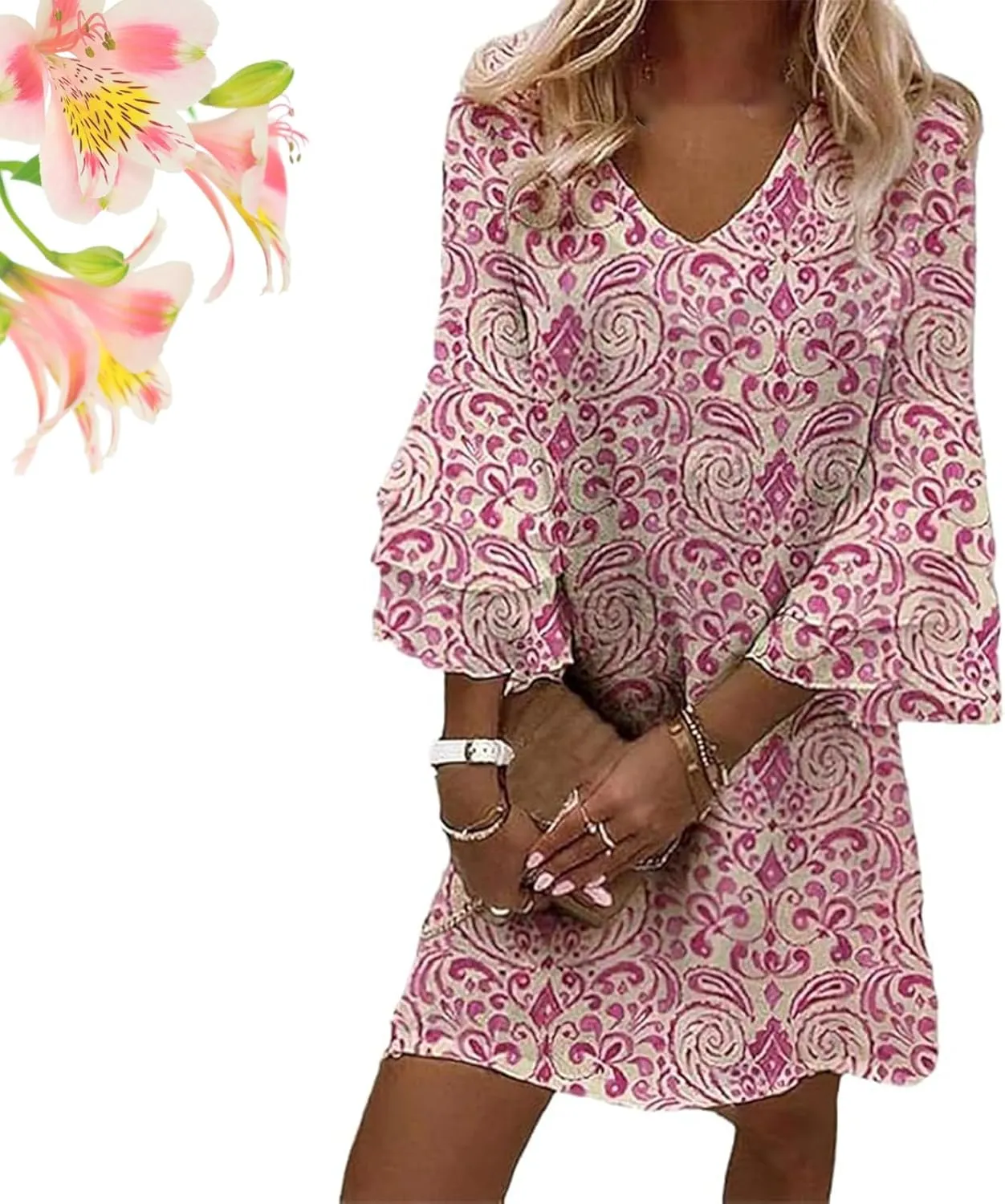 Women's 2025 Summer Dresses Wedding Guest Dress Boho Floral Print Casual V Neck Bell 3/4 Sleeve Flowy Beach Mini Dress