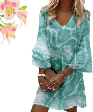Women's 2025 Summer Dresses Wedding Guest Dress Boho Floral Print Casual V Neck Bell 3/4 Sleeve Flowy Beach Mini Dress