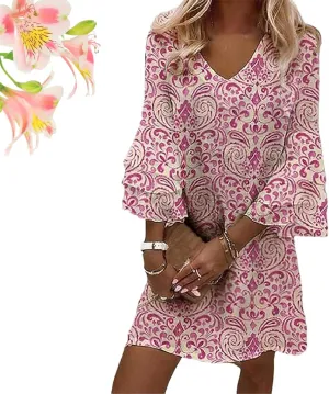 Women's 2025 Summer Dresses Wedding Guest Dress Boho Floral Print Casual V Neck Bell 3/4 Sleeve Flowy Beach Mini Dress