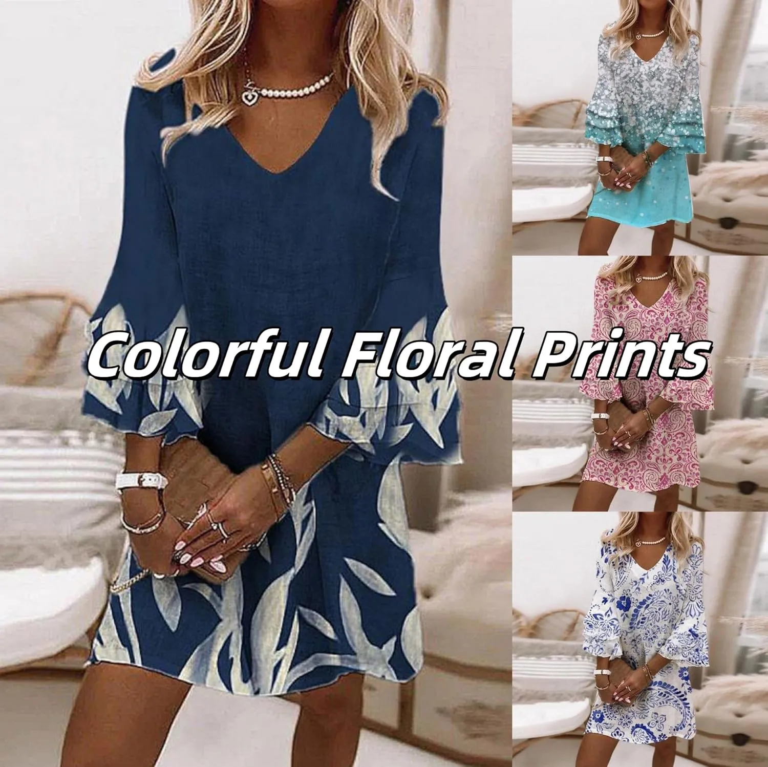 Women's 2025 Summer Dresses Wedding Guest Dress Boho Floral Print Casual V Neck Bell 3/4 Sleeve Flowy Beach Mini Dress