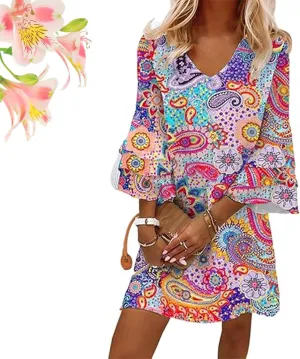 Women's 2025 Summer Dresses Wedding Guest Dress Boho Floral Print Casual V Neck Bell 3/4 Sleeve Flowy Beach Mini Dress