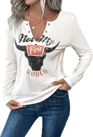 Women's Cowboy Shirt Country Concert Outfit Cute Western Graphic Tee Casual Notched Neck Long Sleeve Top