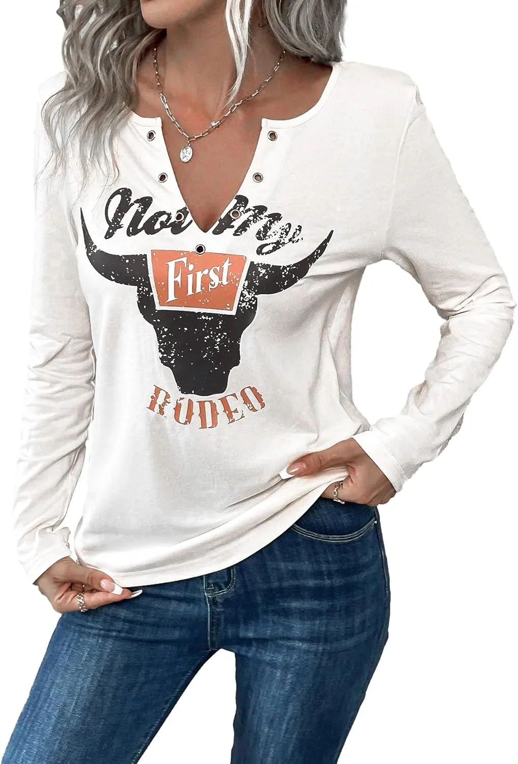 Women's Cowboy Shirt Country Concert Outfit Cute Western Graphic Tee Casual Notched Neck Long Sleeve Top