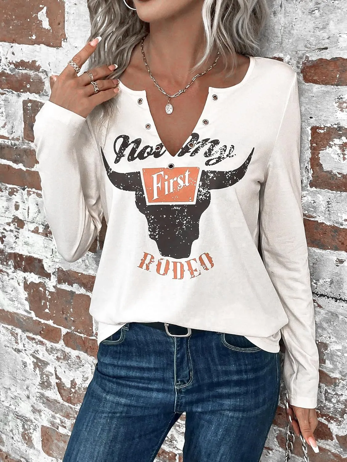 Women's Cowboy Shirt Country Concert Outfit Cute Western Graphic Tee Casual Notched Neck Long Sleeve Top