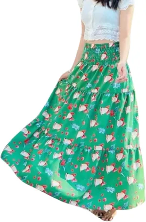 Women's Maxi Long Skirts, High Waisted Lightweight Soft Flowy Cute Trendy Boho Hippie, One Size Fits All, Christmas Print
