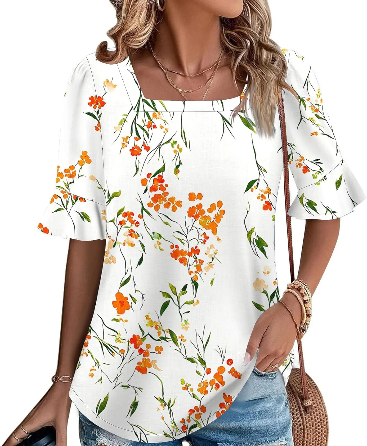 Womens Square Neck Short Sleeve T Shirts Cute Flower Pattern Print Blouses Vintage Comfy Tops