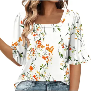 Womens Square Neck Short Sleeve T Shirts Cute Flower Pattern Print Blouses Vintage Comfy Tops
