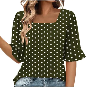 Womens Square Neck Short Sleeve T Shirts Cute Flower Pattern Print Blouses Vintage Comfy Tops
