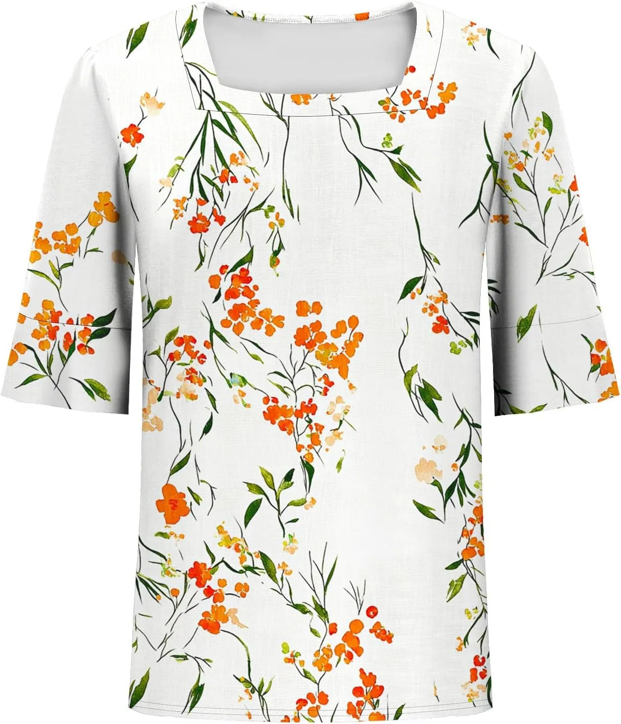 Womens Square Neck Short Sleeve T Shirts Cute Flower Pattern Print Blouses Vintage Comfy Tops