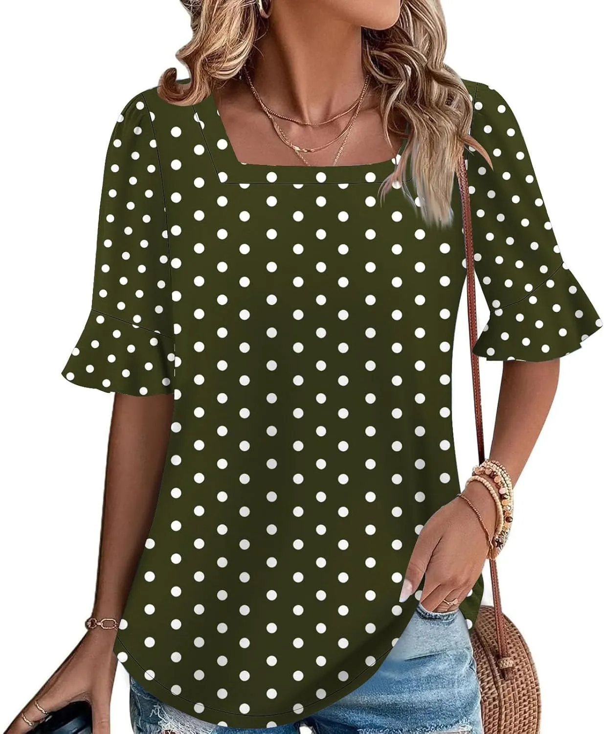 Womens Square Neck Short Sleeve T Shirts Cute Flower Pattern Print Blouses Vintage Comfy Tops