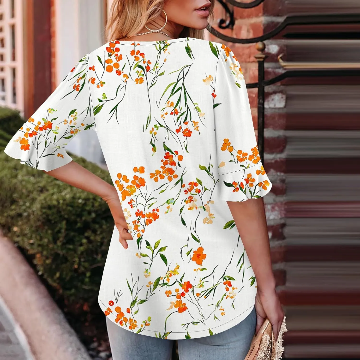 Womens Square Neck Short Sleeve T Shirts Cute Flower Pattern Print Blouses Vintage Comfy Tops