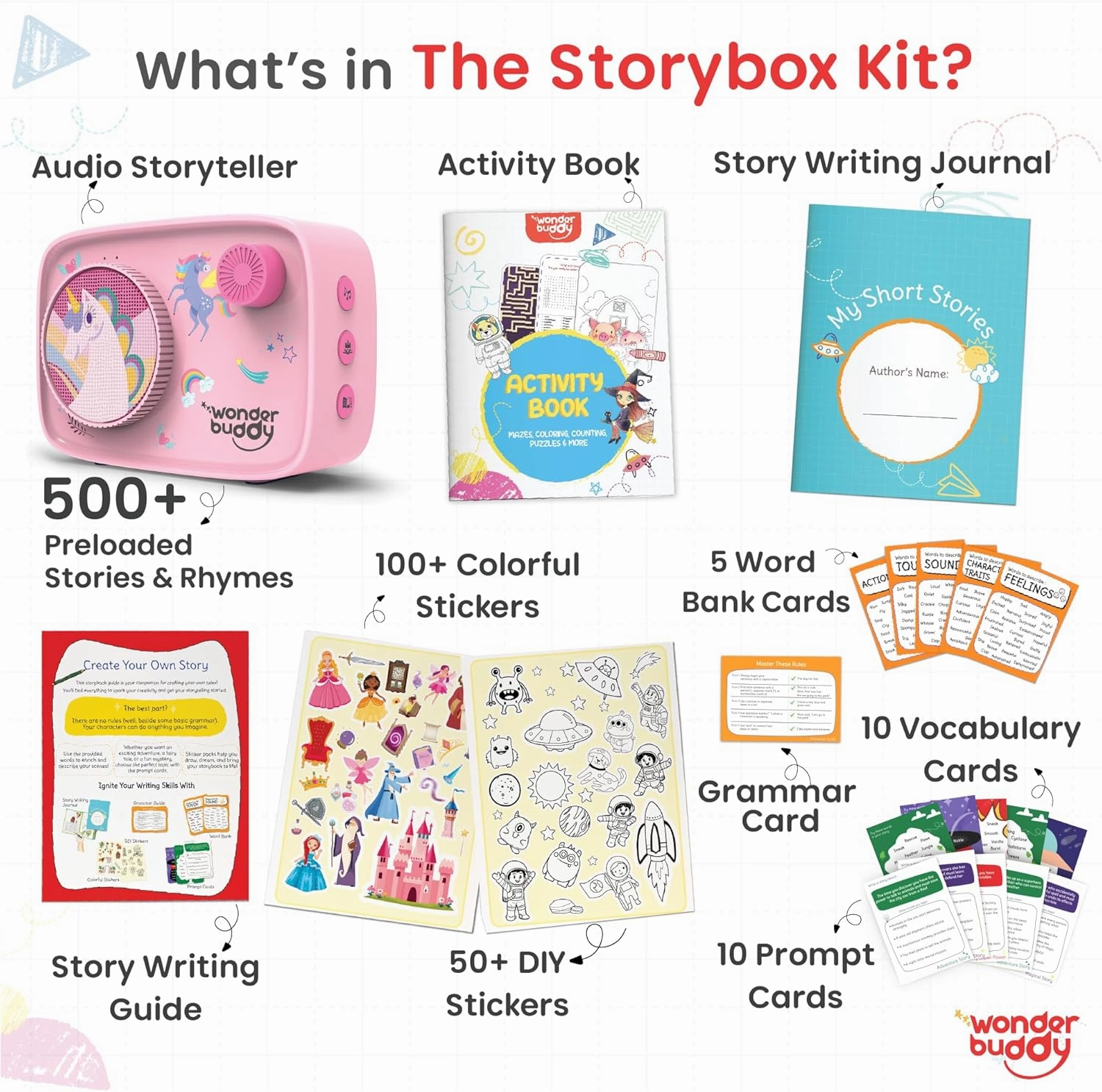 WonderBuddy Kids Story Box Audio Player, 500  Preloaded Stories & Rhymes with Storybook DIY Art Kit, Voice Recorder, Content Upgrade, Bluetooth, Birthday Gift for Girls 3  Years- Unicorn