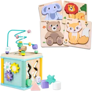 Wooden Activity Cube Toddler Montessori Toys and Wooden Puzzles for 1-3 Year Old Toddlers, Forest Animals