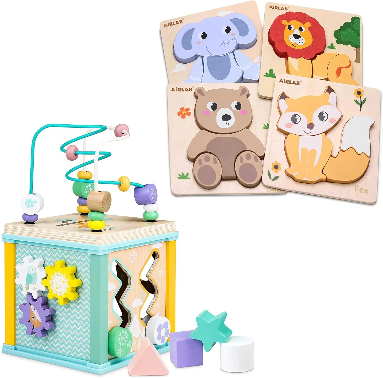 Wooden Activity Cube Toddler Montessori Toys and Wooden Puzzles for 1-3 Year Old Toddlers, Forest Animals
