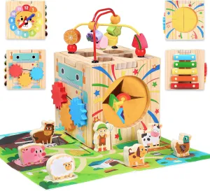 Wooden Activity Cube with Map Farm Game and Mystery Box for Kids, Montessori Toys for 1  Year Old Toddlers, One Year Old First Birthday Gift, Educational Toys for 12  Months Baby Boys Girls