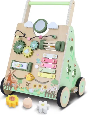 Wooden Baby Walker with Wheels, Toddler Push and Pull Walker Toys, Montessori Multiple Baby Activity Center Push Cart for Babies 6-12 Months 1 2 3 Years Old (Farm)