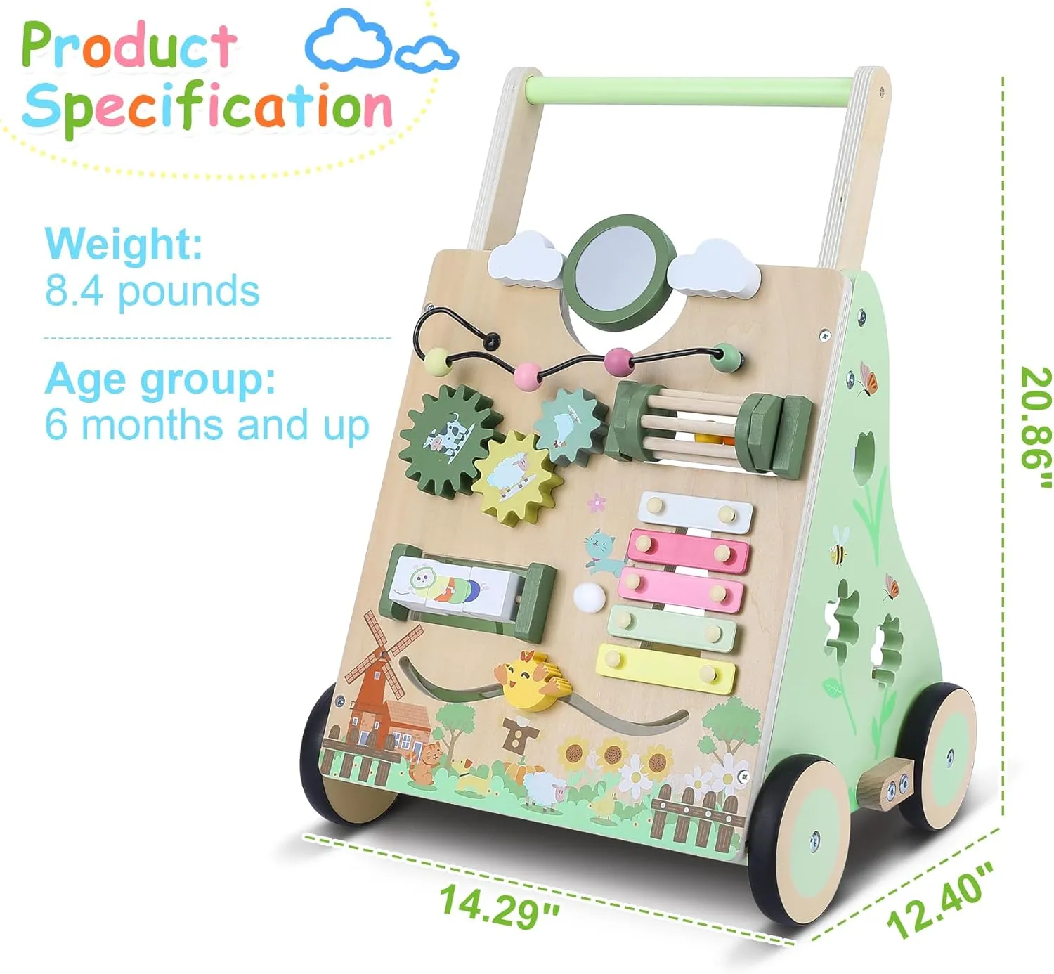 Wooden Baby Walker with Wheels, Toddler Push and Pull Walker Toys, Montessori Multiple Baby Activity Center Push Cart for Babies 6-12 Months 1 2 3 Years Old (Farm)