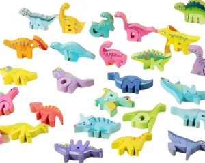 Wooden Dinosaur Toys, 20 Piece Set, Colorful Educational Puzzle Figures for Kids