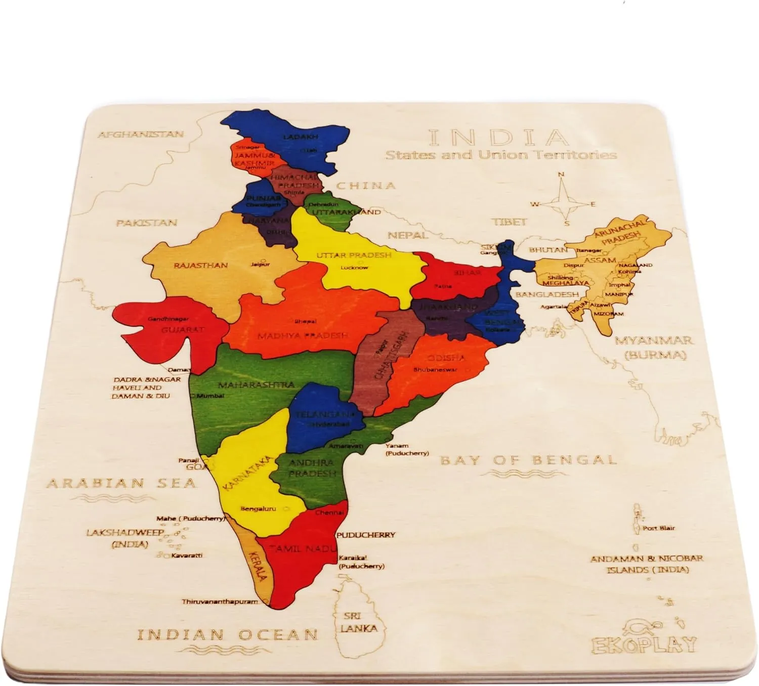 Wooden India Map Jigsaw Puzzle for Kids, 22 Pieces, Learning & Educational Toy Gift for Ages 3 