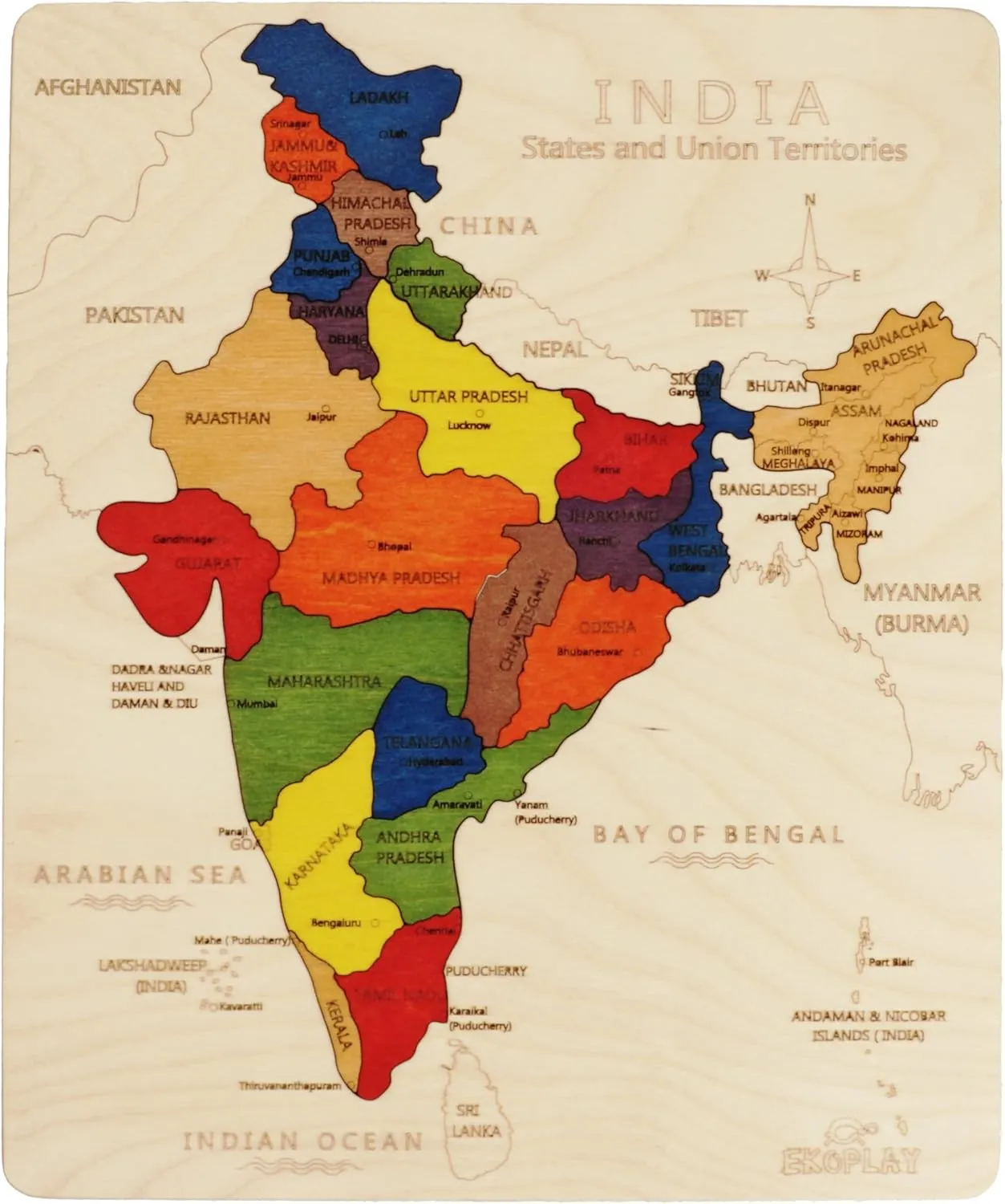 Wooden India Map Jigsaw Puzzle for Kids, 22 Pieces, Learning & Educational Toy Gift for Ages 3 