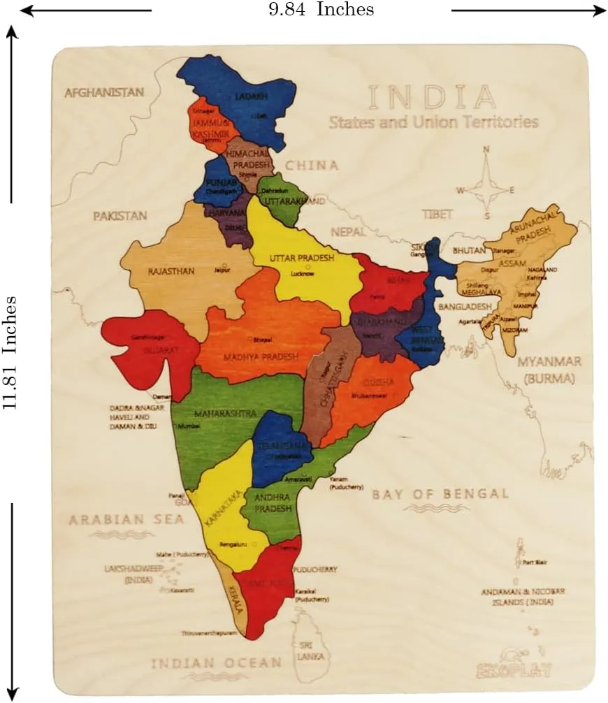 Wooden India Map Jigsaw Puzzle for Kids, 22 Pieces, Learning & Educational Toy Gift for Ages 3 