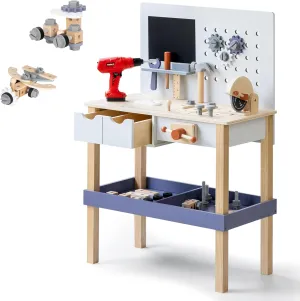 Wooden Kids Tool Bench with Electric Drill, Toddler Tool Bench with Storage Drawers and Platform, Toy Workbench Workshop with Play Tools Set for Boys and Girls, Perfect for Ages 3 