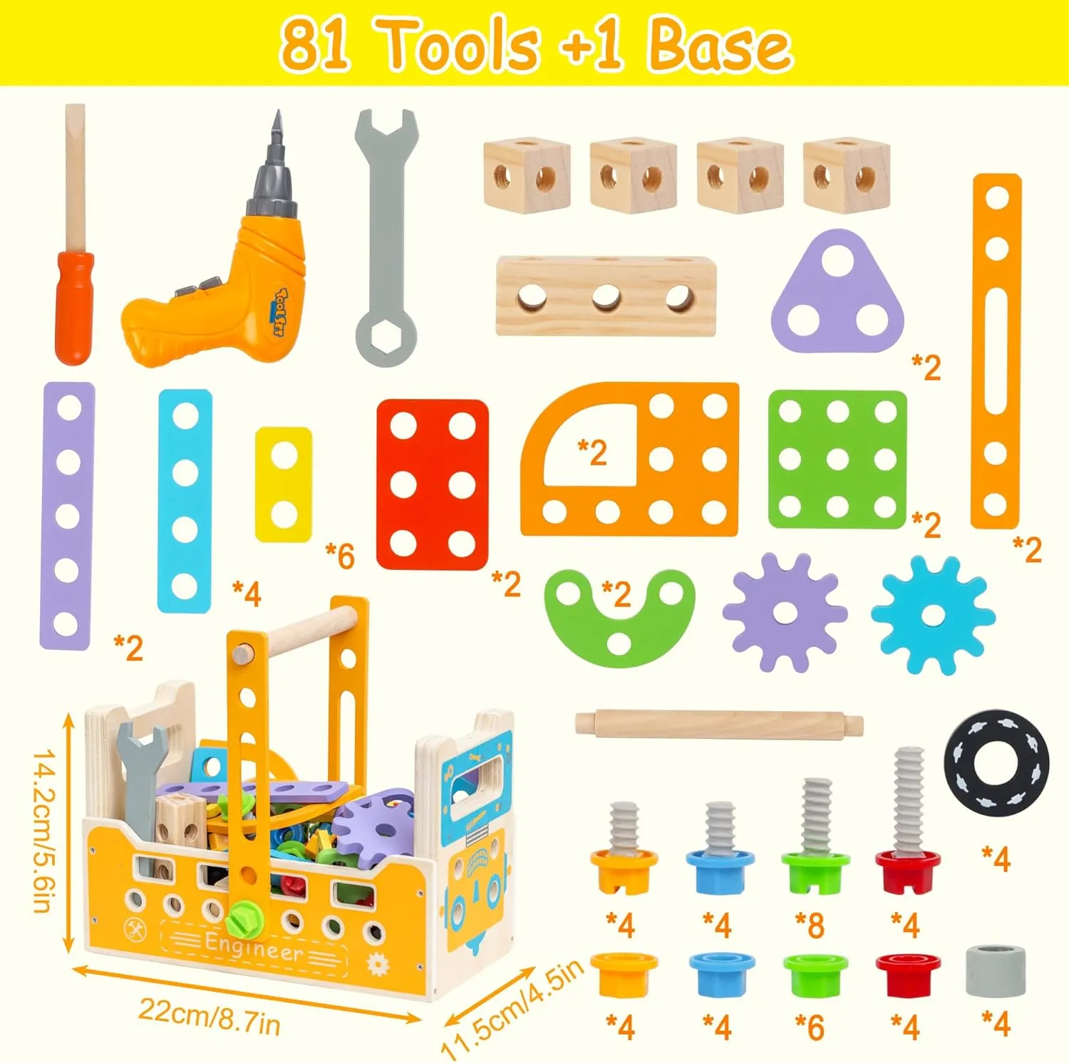 Wooden Kids Tool Set, 38PCS Educational STEM Construction Toys for 3  Toddler, Wooden Tool Bench Montessori Toy Tool Box for 3 4 5 YO Boys & Girls Birthday Gift (91Pcs)