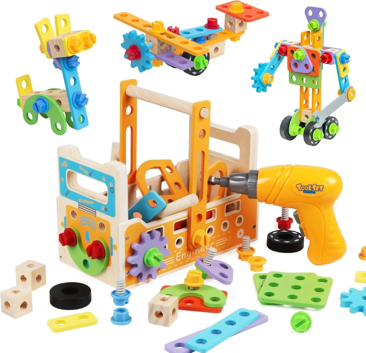 Wooden Kids Tool Set, 38PCS Educational STEM Construction Toys for 3  Toddler, Wooden Tool Bench Montessori Toy Tool Box for 3 4 5 YO Boys & Girls Birthday Gift (91Pcs)