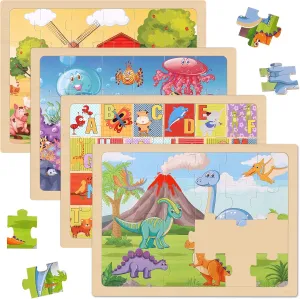 Wooden Puzzles for Kids Ages 4-6, 4 Pack 24 Pieces Wood Jigsaw Puzzles Dinosaur & Farm Themed Toddler Puzzles Toy, Preschool Educational Toys Birthday Gifts Puzzles for 3 4 5 6 7 8 Year Old Boy Girls