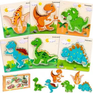 Wooden Puzzles for Toddlers 1-3, 6-Piece Toddler Puzzles Contains Dinosaur/Car Types, Toddler Toys for Age 1 2 3, Toddler for Boys and Girls (Dinosaurs)