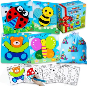Wooden Puzzles for Toddlers 1-3 Girls & Boys, Sensory Toys, Educational Learning Toys: 4 Puzzles Ages 1-3, Gift Box, Storage Bag, Matching Coloring Book, Animals Puzzle for Toddlers Set of 4