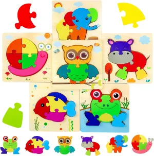 Wooden Puzzles for Toddlers 1-3,Montessori Toys for 1 2 3 Year Old Boys Girls,6 Pack Animal Shape Jigsaw Puzzles Toys for Kids,Educational Shape Color Sorter Preschool Kids Gifts