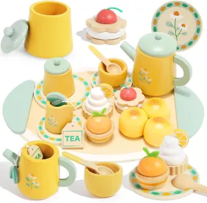 Wooden Tea Set for Toddlers Pretend Play Kitchen Accessories Little Girl Toys Tea Party Set for 3 4 5 6 Year Olds Enjoy Tea Time with Wooden Toys Toddler Tea Set