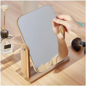 Wooden Desk Square Makeup Mirror - 360 Degree Rotatable, Eco-Friendly Cosmetic Mirror with Adjustable Wooden Stand | Compact Vanity Mirror for Bedroom & Dressing Table