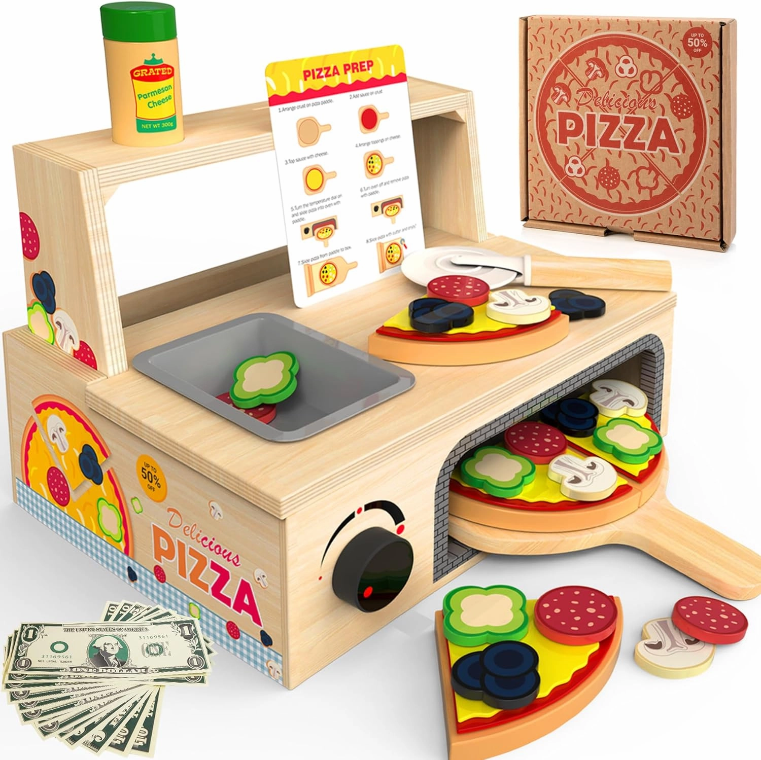 Wooden Pizza Toy - 48 PCS Montessori Pretend Play Food for Ages 3 , Educational Learning Toy Wooden Playset with Bake Oven, Christmas Birthday Gift for 3 4 5 6 Year Old
