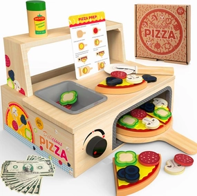 Wooden Pizza Toy - 48 PCS Montessori Pretend Play Food for Ages 3 , Educational Learning Toy Wooden Playset with Bake Oven, Christmas Birthday Gift for 3 4 5 6 Year Old