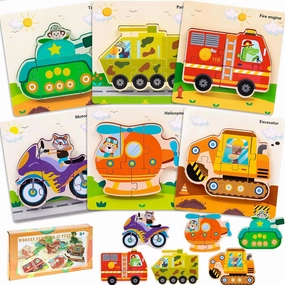 Wooden Puzzles for Toddlers 1-3, 6-Piece Toddler Puzzles Contains Dinosaur/Car Types, Toddler Toys for Age 1 2 3, Toddler for Boys and Girls (Cars)