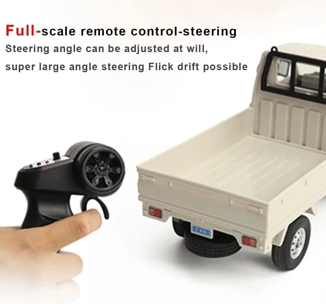 WPL D12 1/16 RC Truck for Adult, 2.4GHz Mini Truck Remote Control Drift Pickup Off Road Vehicle, 130 Motor Rear Drive 20KM/H Cargo Car with Led Light - 2 Battery