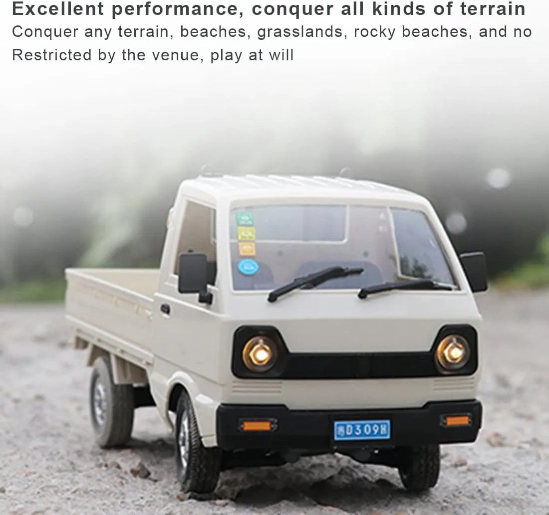 WPL D12 1/16 RC Truck for Adult, 2.4GHz Mini Truck Remote Control Drift Pickup Off Road Vehicle, 130 Motor Rear Drive 20KM/H Cargo Car with Led Light - 2 Battery