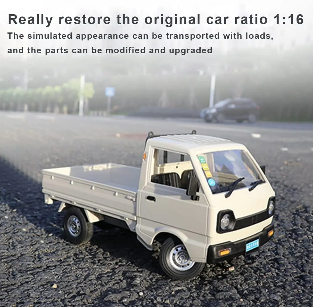 WPL D12 1/16 RC Truck for Adult, 2.4GHz Mini Truck Remote Control Drift Pickup Off Road Vehicle, 130 Motor Rear Drive 20KM/H Cargo Car with Led Light - 2 Battery