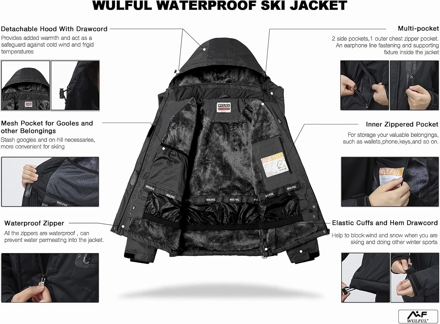 WULFUL Women’s Waterproof Snow Ski Jacket Mountain Windproof Winter Coat with Detachable Hood