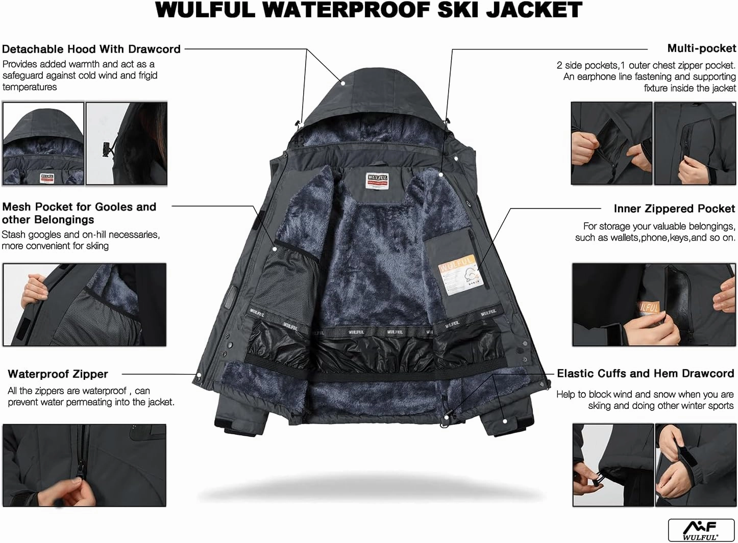WULFUL Women’s Waterproof Snow Ski Jacket Mountain Windproof Winter Coat with Detachable Hood