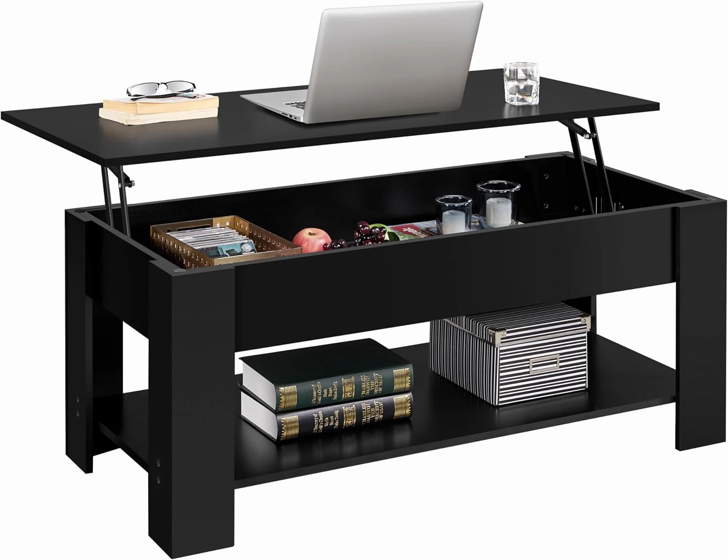 Yaheetech Lift Top Coffee Table with Hidden Compartment and Storage Shelf, Rising Tabletop Dining Table for Living Room Reception Room, 47.5in L, Black
