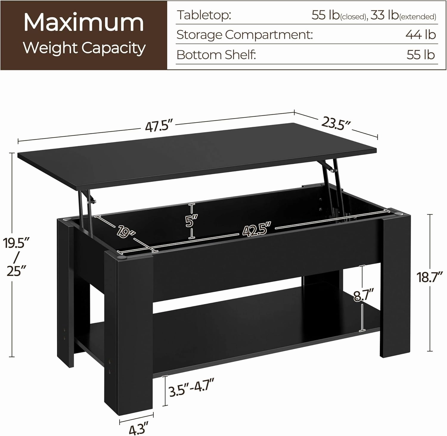 Yaheetech Lift Top Coffee Table with Hidden Compartment and Storage Shelf, Rising Tabletop Dining Table for Living Room Reception Room, 47.5in L, Black