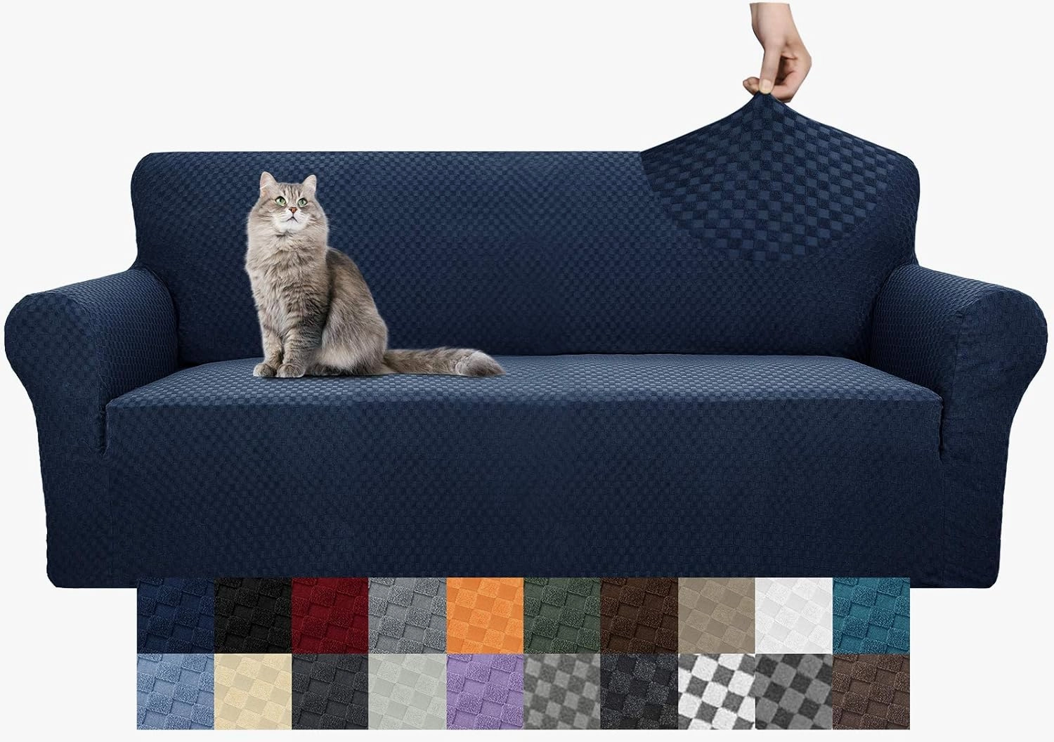 YEMYHOM Couch Cover Latest Jacquard Design High Stretch Sofa Covers for 3 Cushion Couch, Pet Dog Cat Proof Slipcover Non Slip Magic Elastic Furniture Protector (Large, Navy)