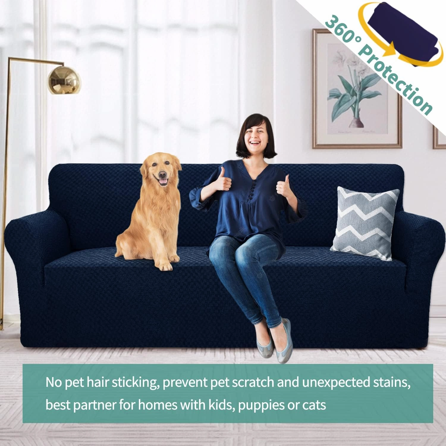 YEMYHOM Couch Cover Latest Jacquard Design High Stretch Sofa Covers for 3 Cushion Couch, Pet Dog Cat Proof Slipcover Non Slip Magic Elastic Furniture Protector (Large, Navy)