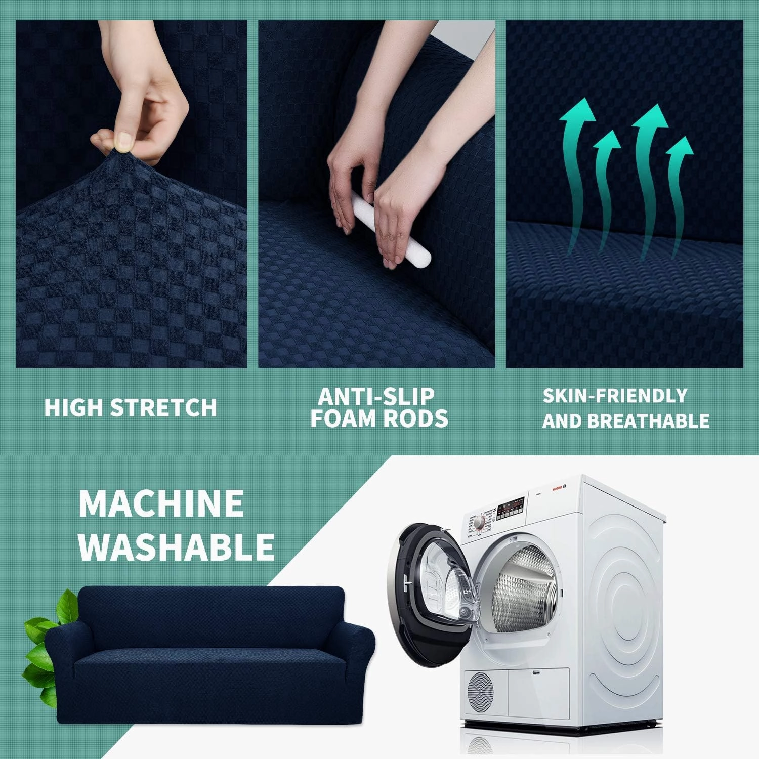 YEMYHOM Couch Cover Latest Jacquard Design High Stretch Sofa Covers for 3 Cushion Couch, Pet Dog Cat Proof Slipcover Non Slip Magic Elastic Furniture Protector (Large, Navy)