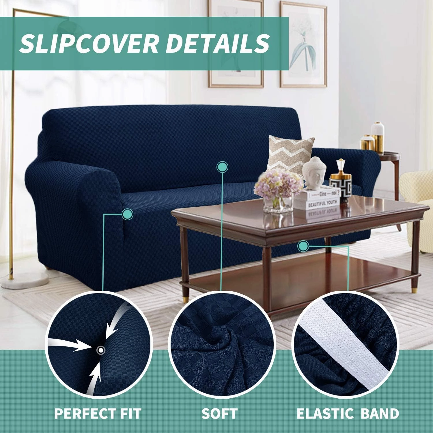 YEMYHOM Couch Cover Latest Jacquard Design High Stretch Sofa Covers for 3 Cushion Couch, Pet Dog Cat Proof Slipcover Non Slip Magic Elastic Furniture Protector (Large, Navy)