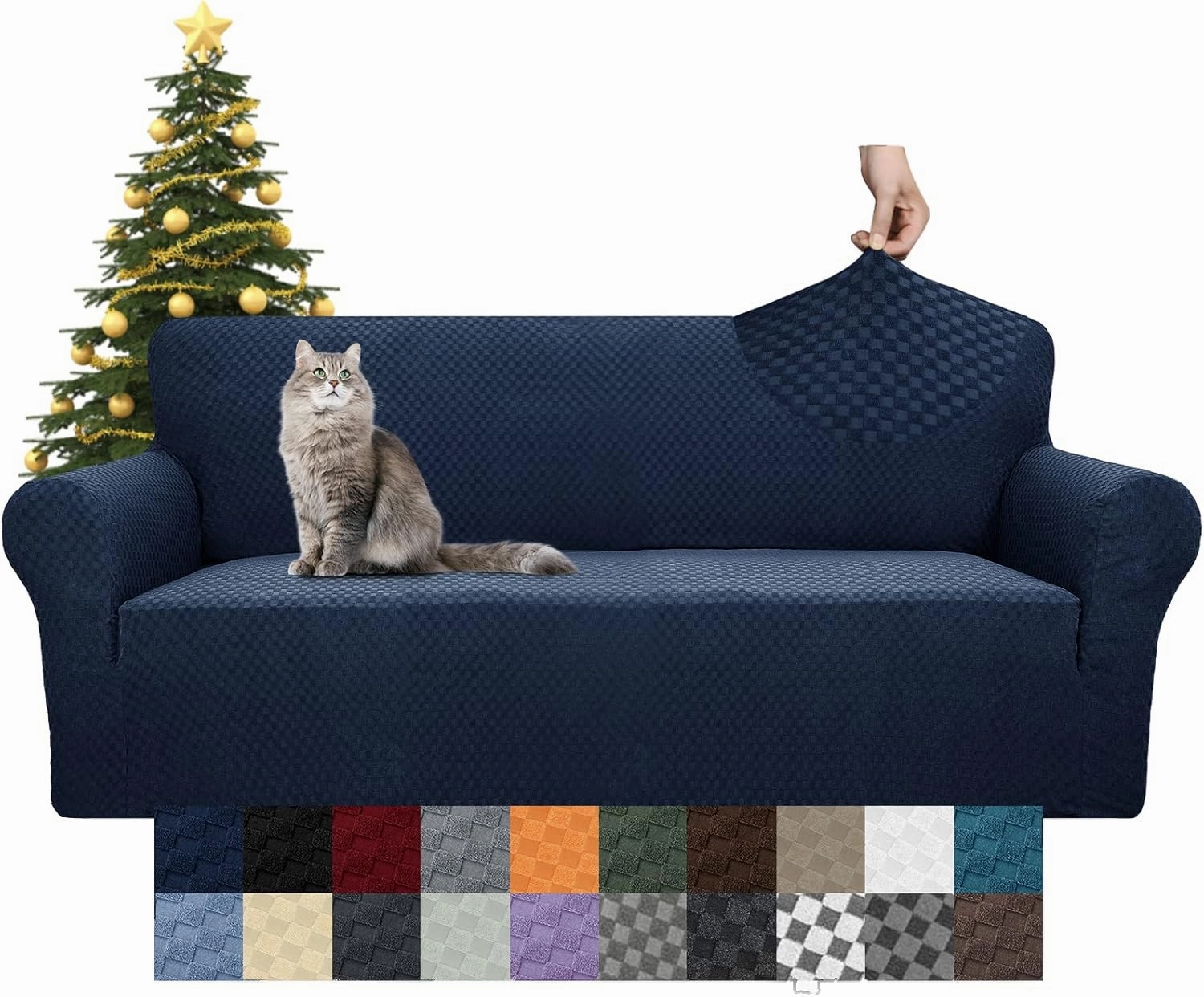 YEMYHOM Couch Cover Latest Jacquard Design High Stretch Sofa Covers for 3 Cushion Couch, Pet Dog Cat Proof Slipcover Non Slip Magic Elastic Furniture Protector (Large, Navy)