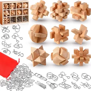 Yilloog 45 Pcs Brain Teaser Puzzles for Adults, Wooden and Metal Mind Games Puzzles Set for 36 3D Brain Games Unlock Interlock Puzzles and 9 Wooden Puzzles IQ Test Toys for Challenging Games